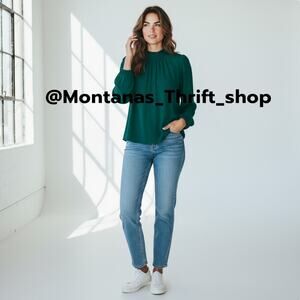 J.Crew Womens size small deep, rich green long-sleeved mockneck blouse chiffon